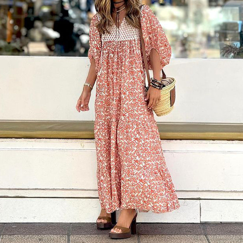 Ditsy Floral Crochet Yoke Maxi Dress - Orange - 5