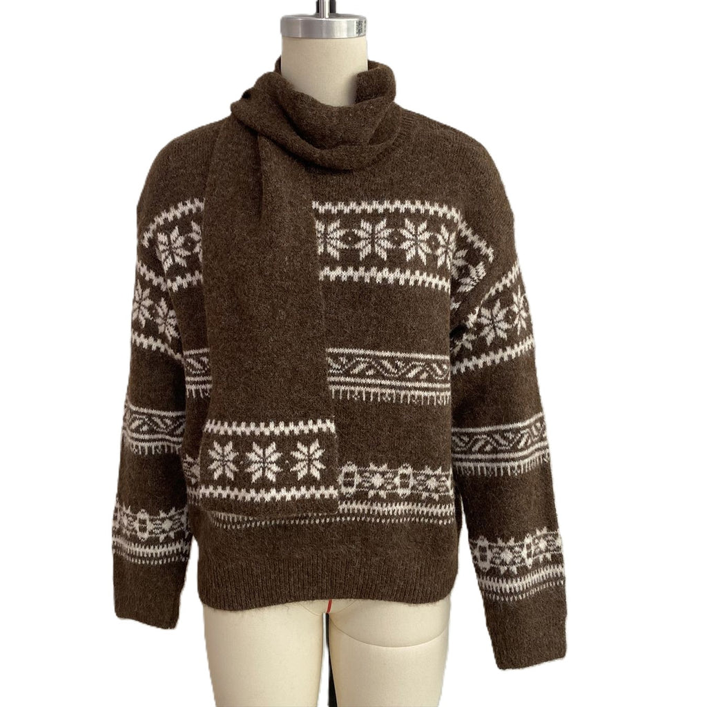 Snowflake Fair Isle Relaxed Sweater With Knit Scarf - Brown