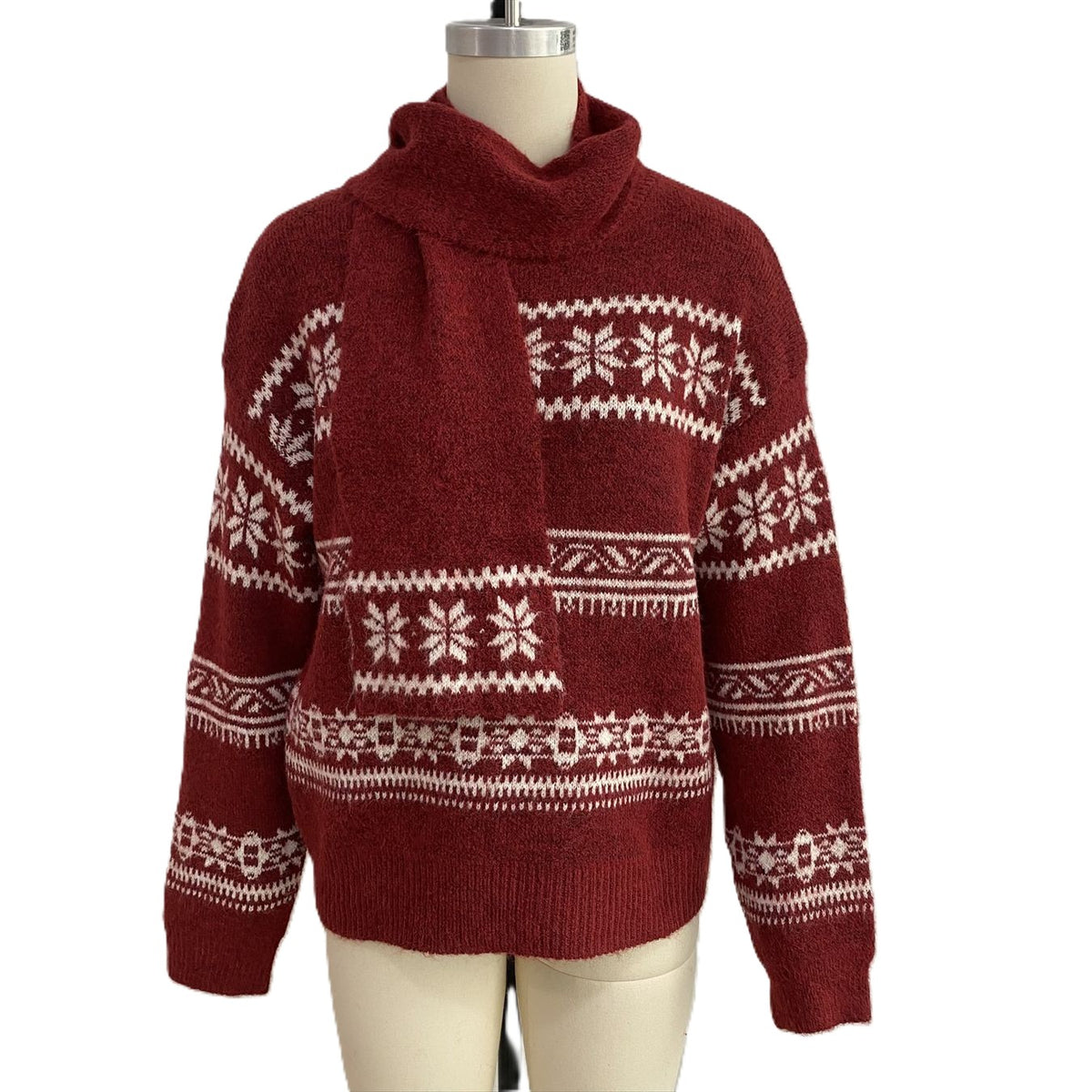 Snowflake Fair Isle Relaxed Sweater With Knit Scarf - Red