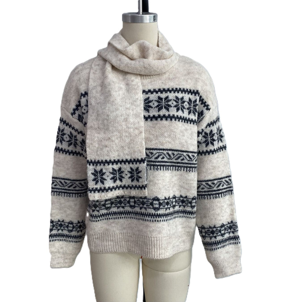 Snowflake Fair Isle Relaxed Sweater With Knit Scarf - White - 1