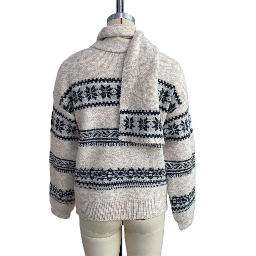 Snowflake Fair Isle Relaxed Sweater With Knit Scarf - White - 2
