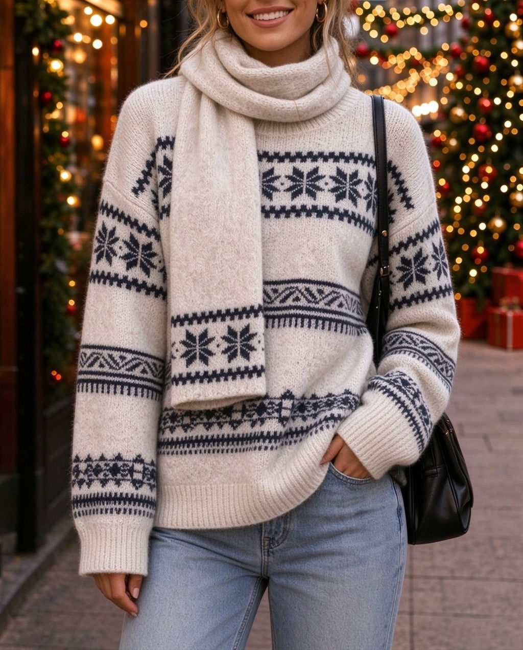 Snowflake Fair Isle Relaxed Sweater With Knit Scarf - White - 3