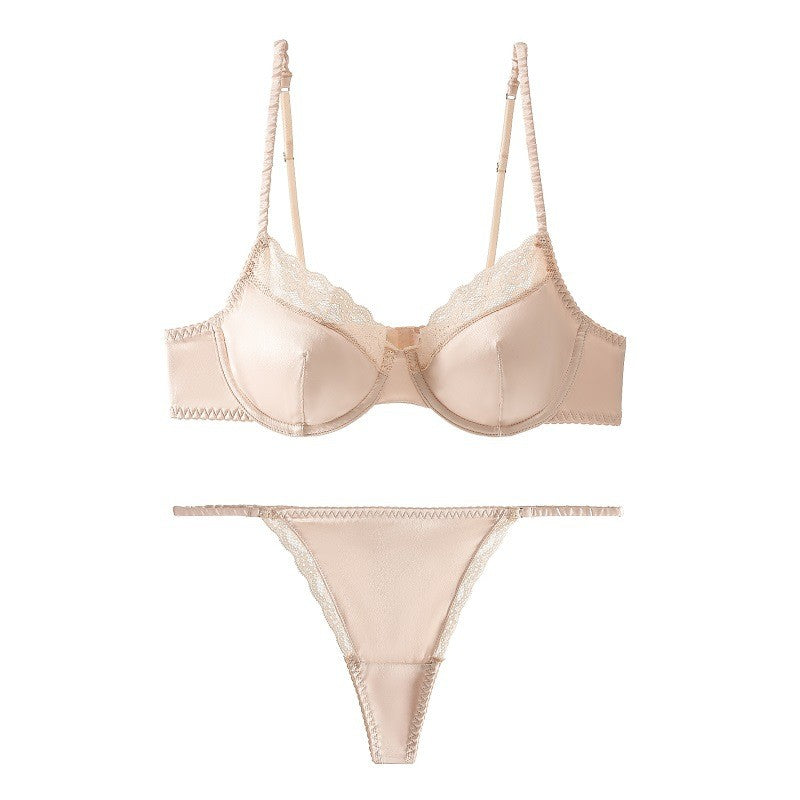 Satin Lace Trim Underwire Bra And Thong Set - Champagne