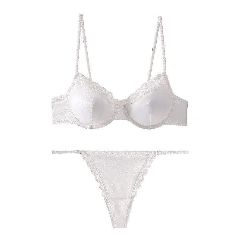 Satin Lace Trim Underwire Bra And Thong Set - White
