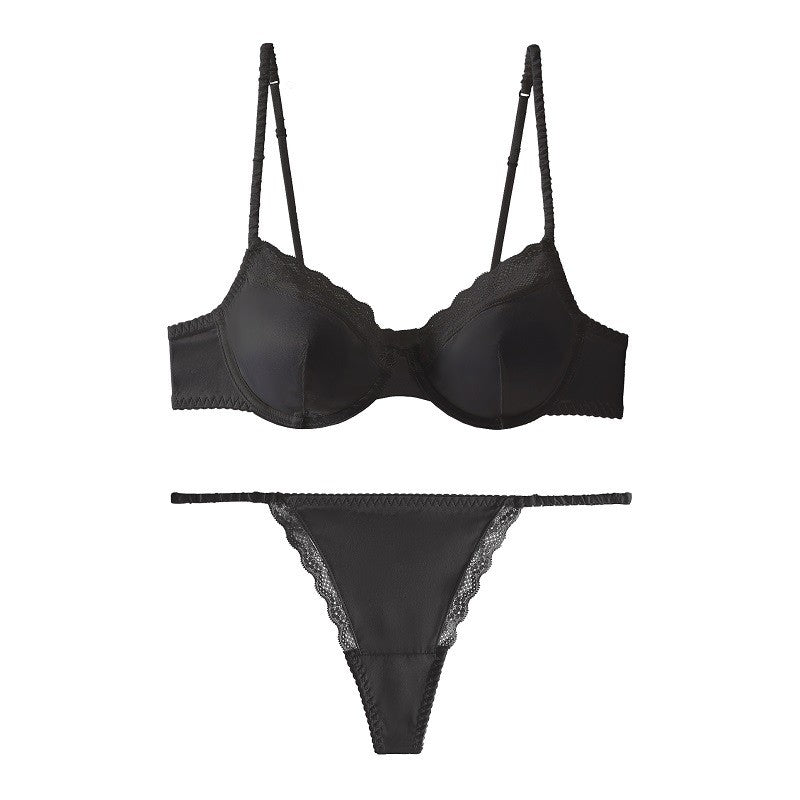 Satin Lace Trim Underwire Bra And Thong Set