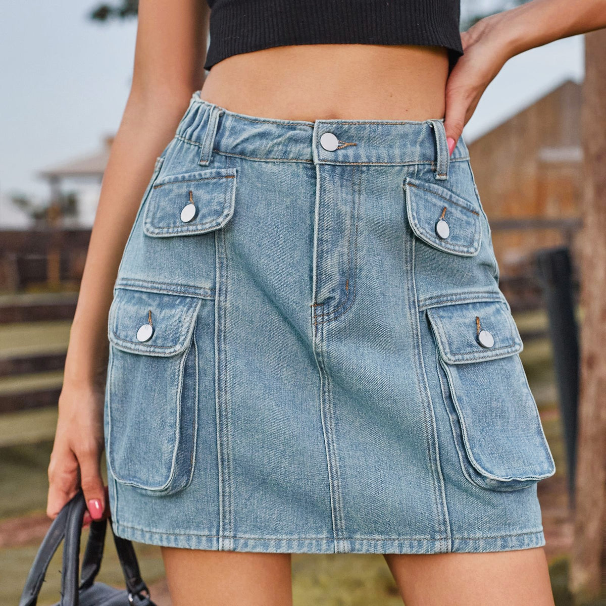 Utility Flap Pocket Denim Mini Skirt - Blue