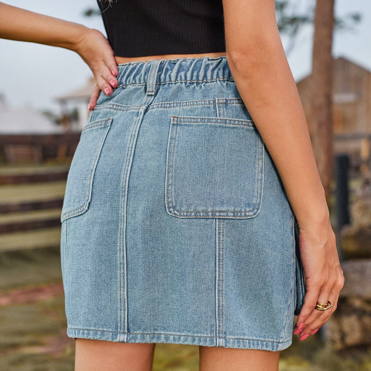 Utility Flap Pocket Denim Mini Skirt - Blue - 3