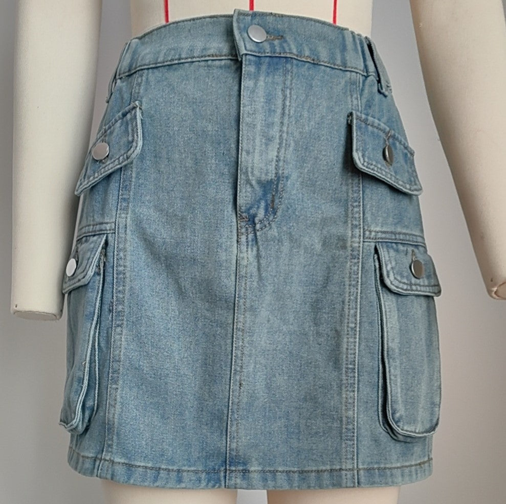 Utility Flap Pocket Denim Mini Skirt - Blue - 6