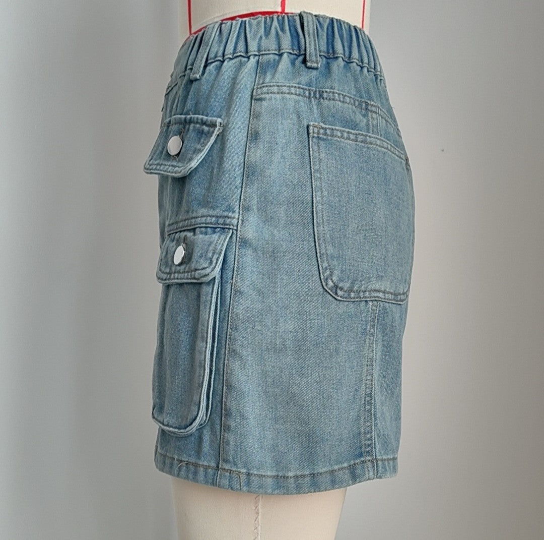 Utility Flap Pocket Denim Mini Skirt - Blue - 7