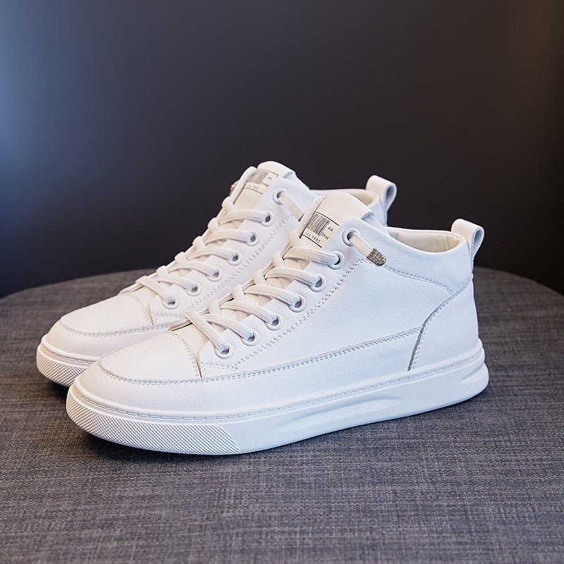 Soft Genuine Leather Lace-Up Court Sneakers - White