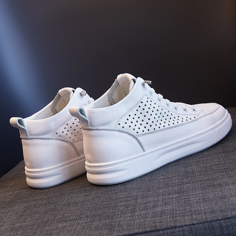 Soft Genuine Leather Lace-Up Court Sneakers - White Perforated