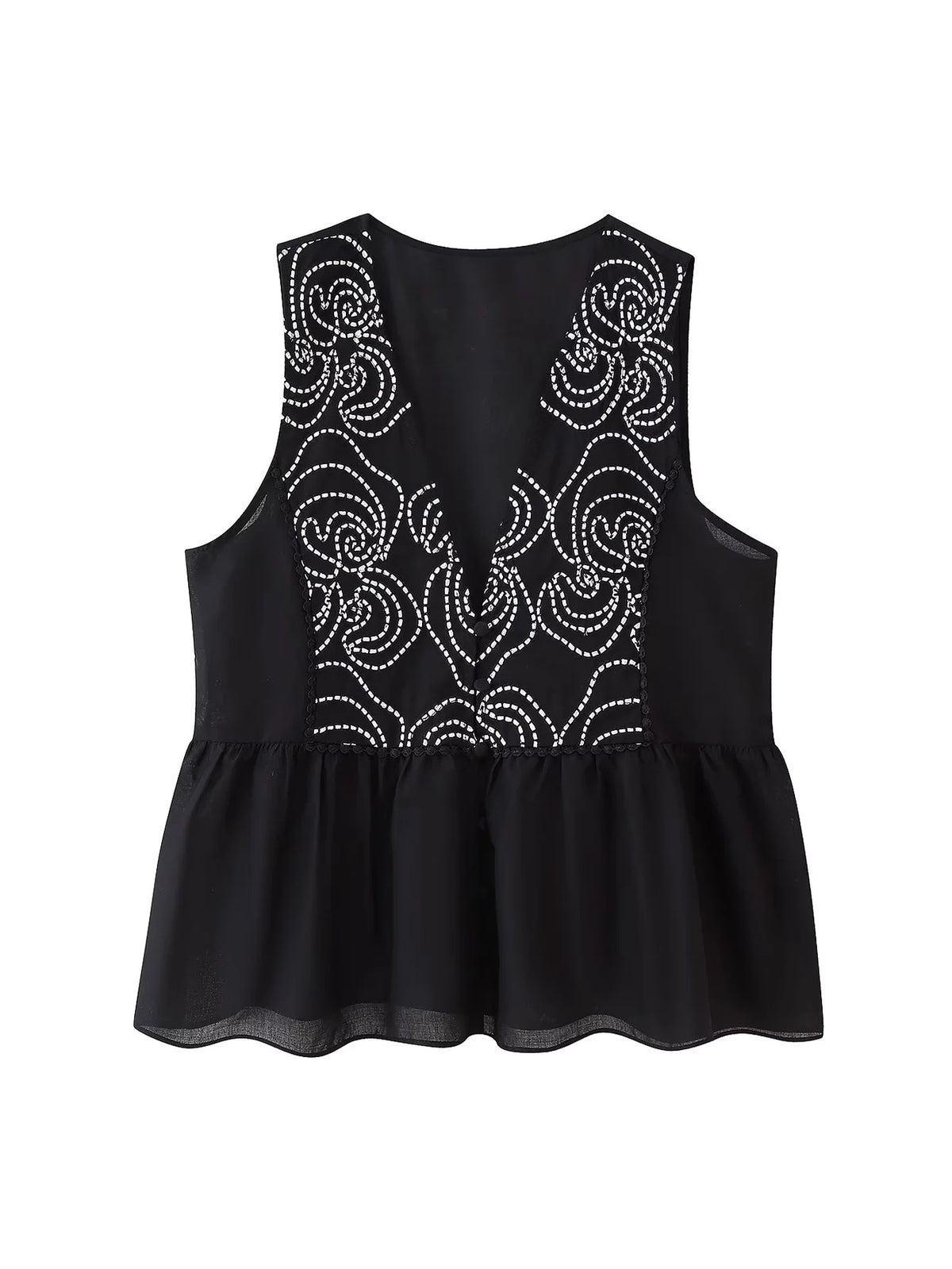 Embroidered Swirl Peplum Tank Top - Black