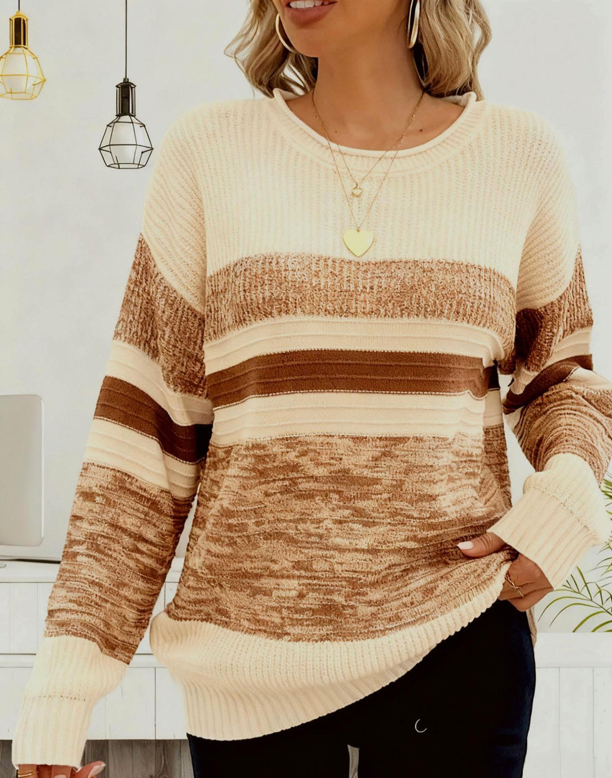 Marled Colorblock Striped Crew Neck Sweater - Apricot - 1