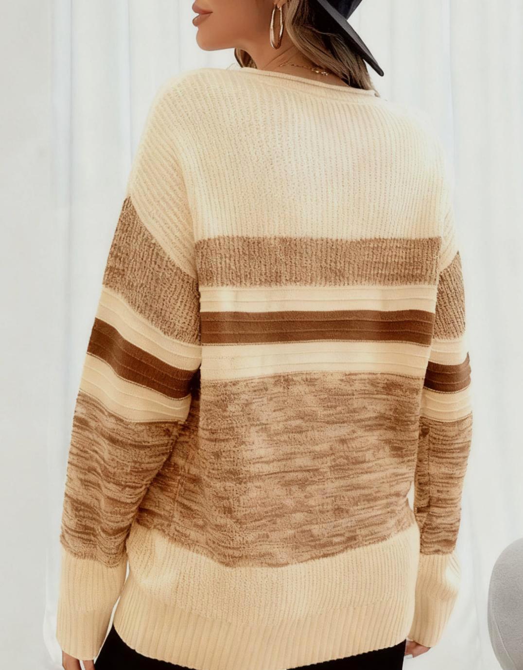 Marled Colorblock Striped Crew Neck Sweater - Apricot - 2