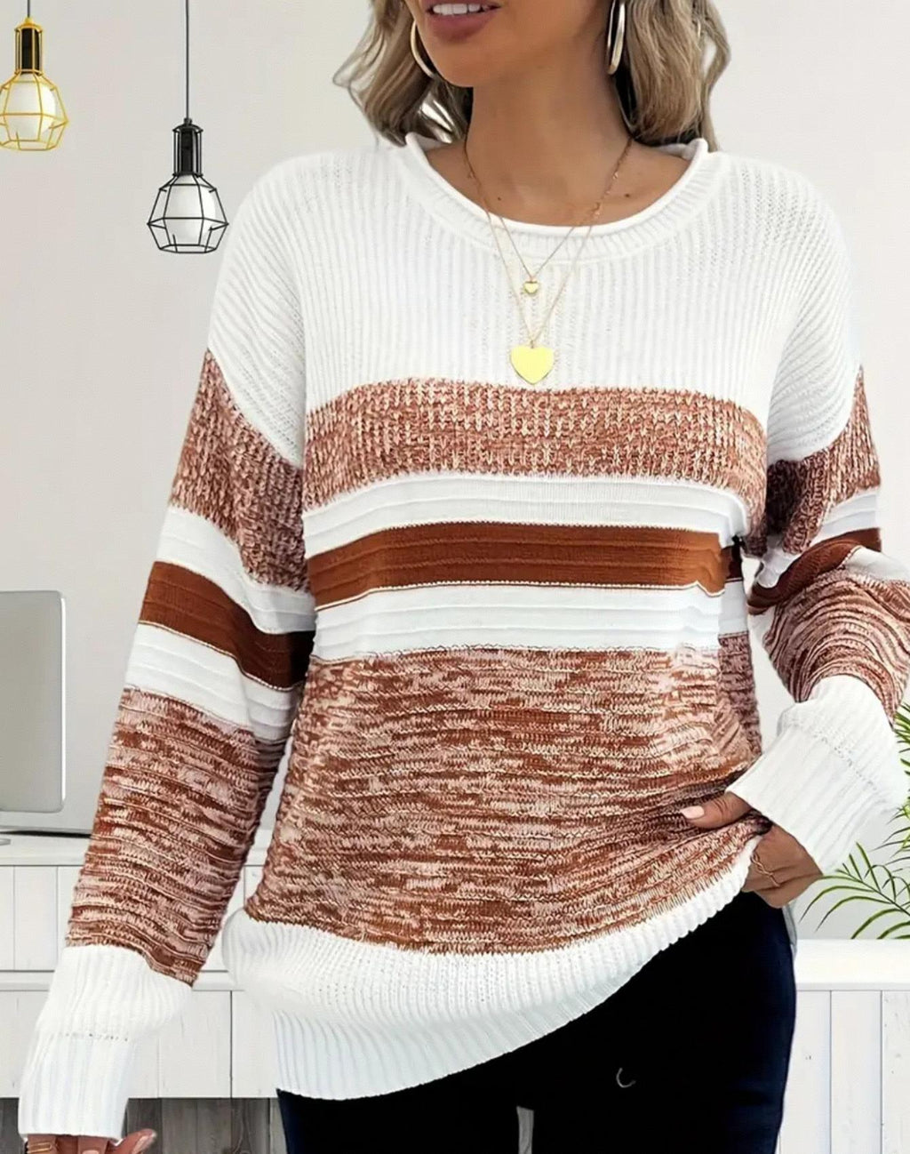 Marled Colorblock Striped Crew Neck Sweater - Coffee