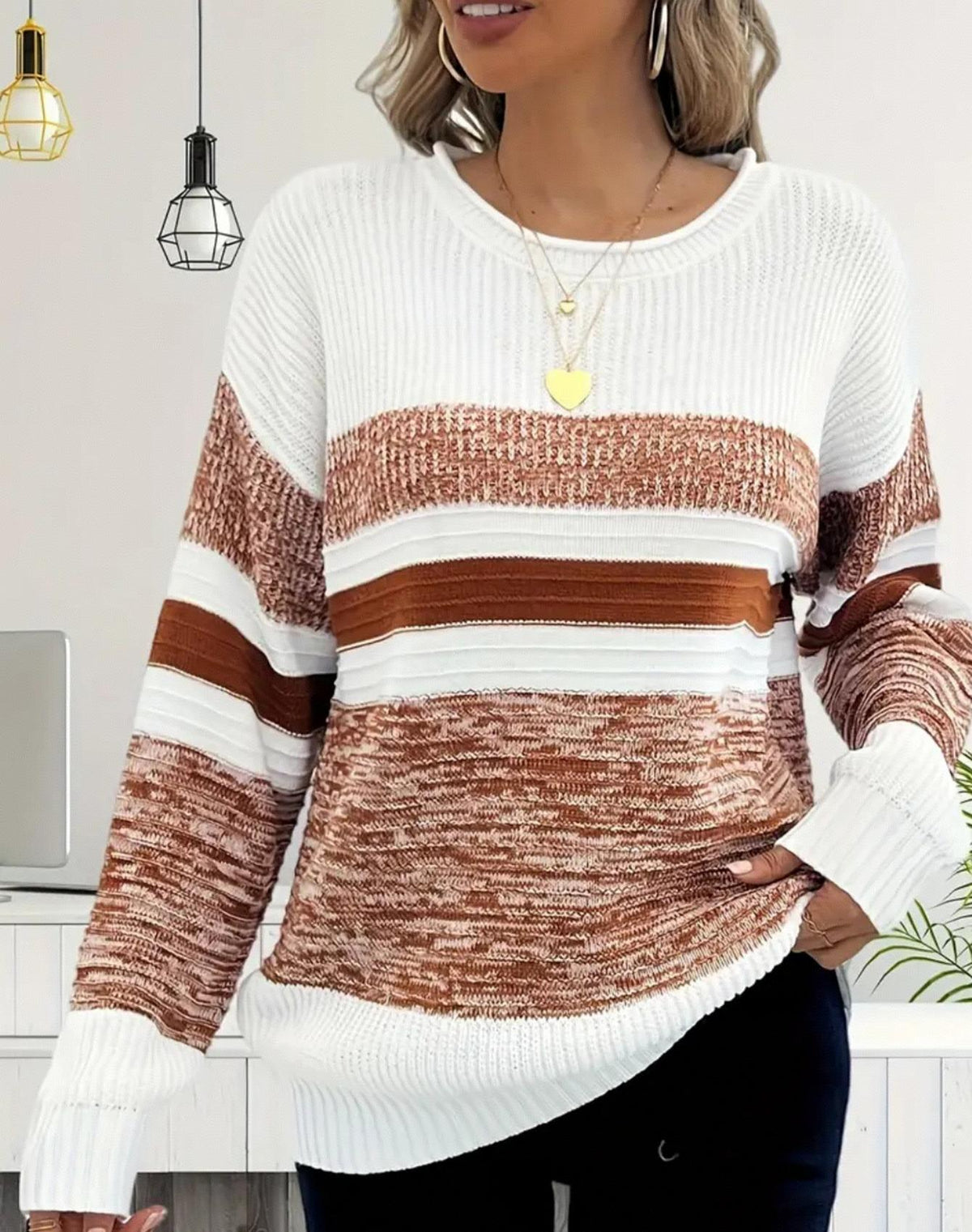 Marled Colorblock Striped Crew Neck Sweater - Coffee