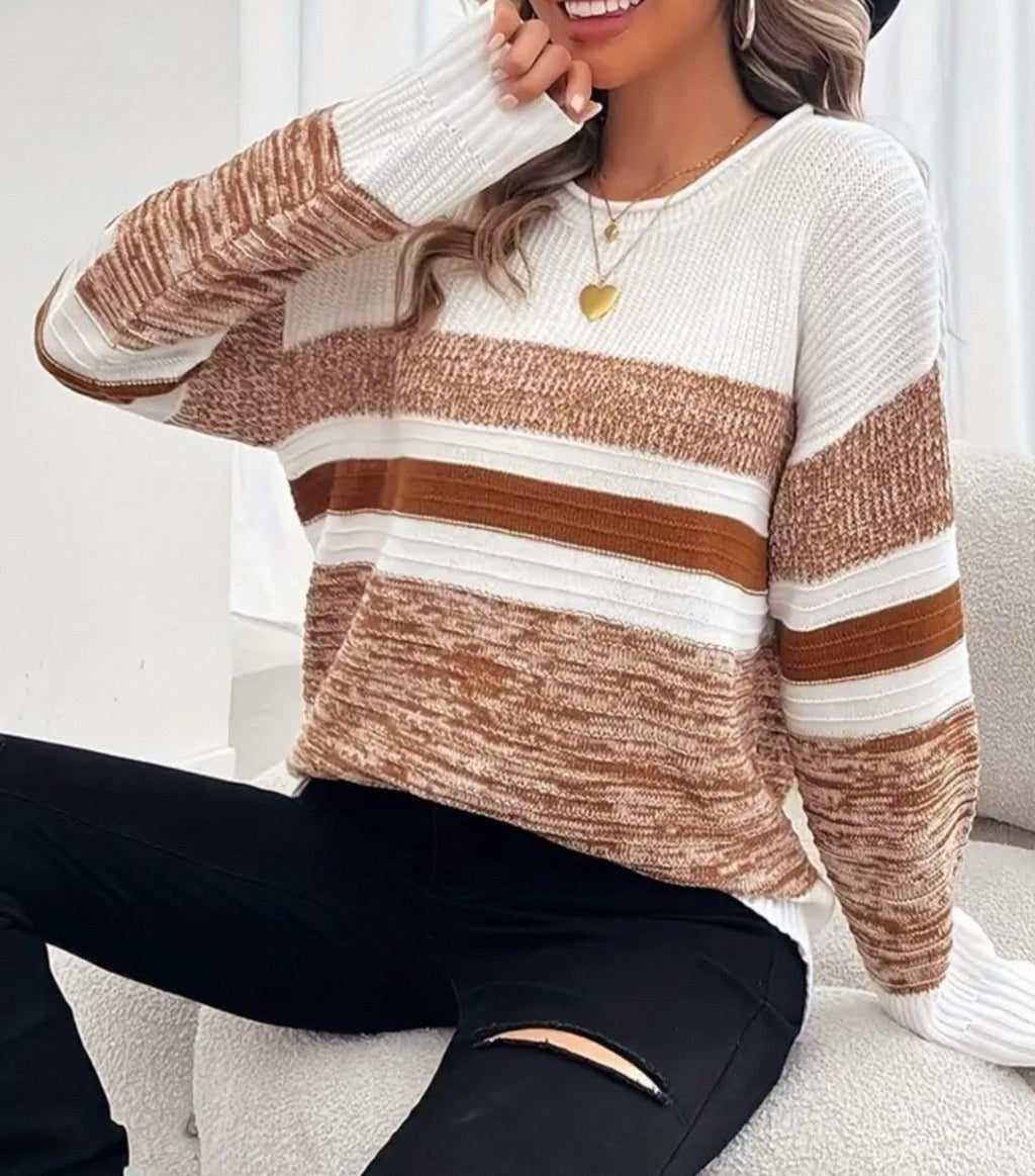 Marled Colorblock Striped Crew Neck Sweater - Coffee - 1