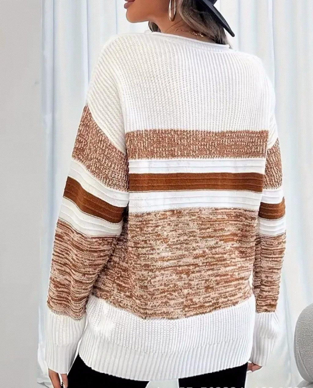 Marled Colorblock Striped Crew Neck Sweater - Coffee - 2