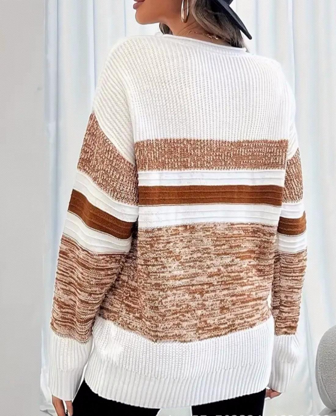 Marled Colorblock Striped Crew Neck Sweater - Coffee - 2