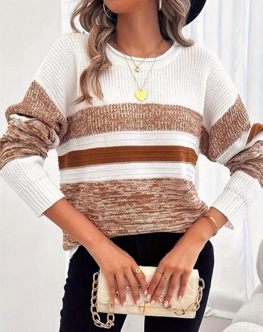 Marled Colorblock Striped Crew Neck Sweater - Coffee - 3