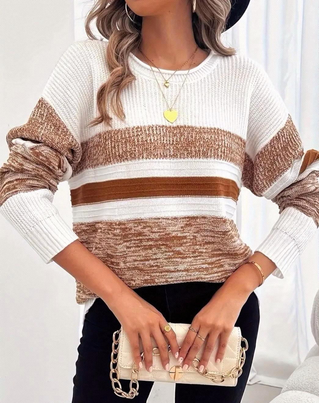 Marled Colorblock Striped Crew Neck Sweater - Coffee - 3