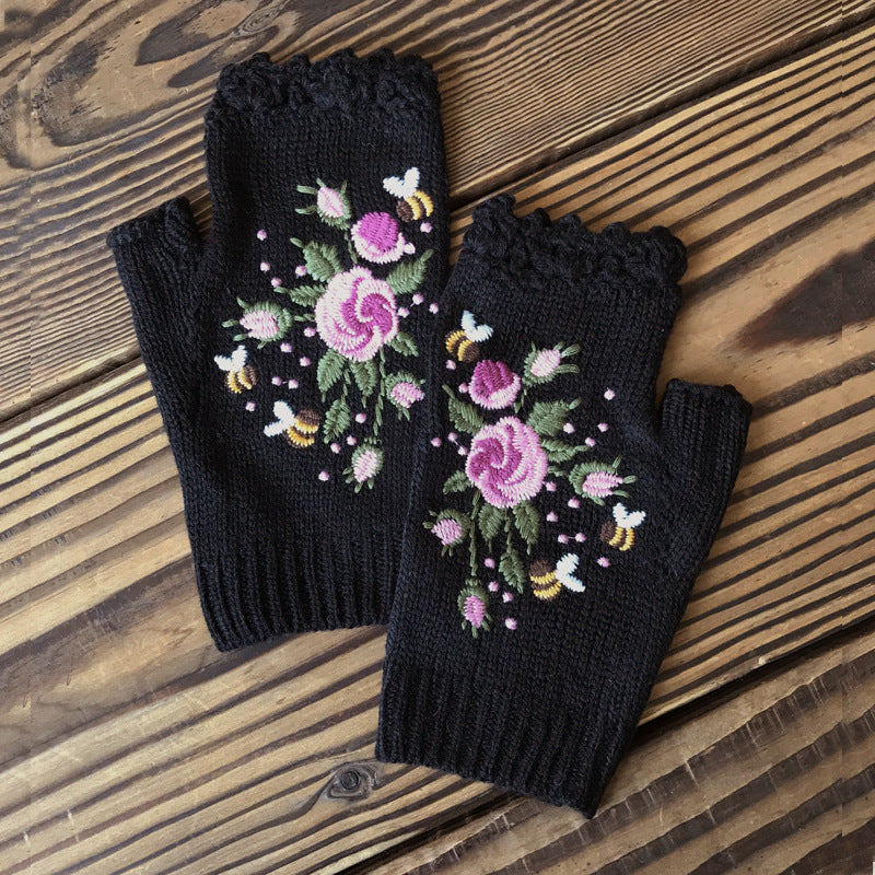 Bee Rose Embroidered Fingerless Gloves - Black