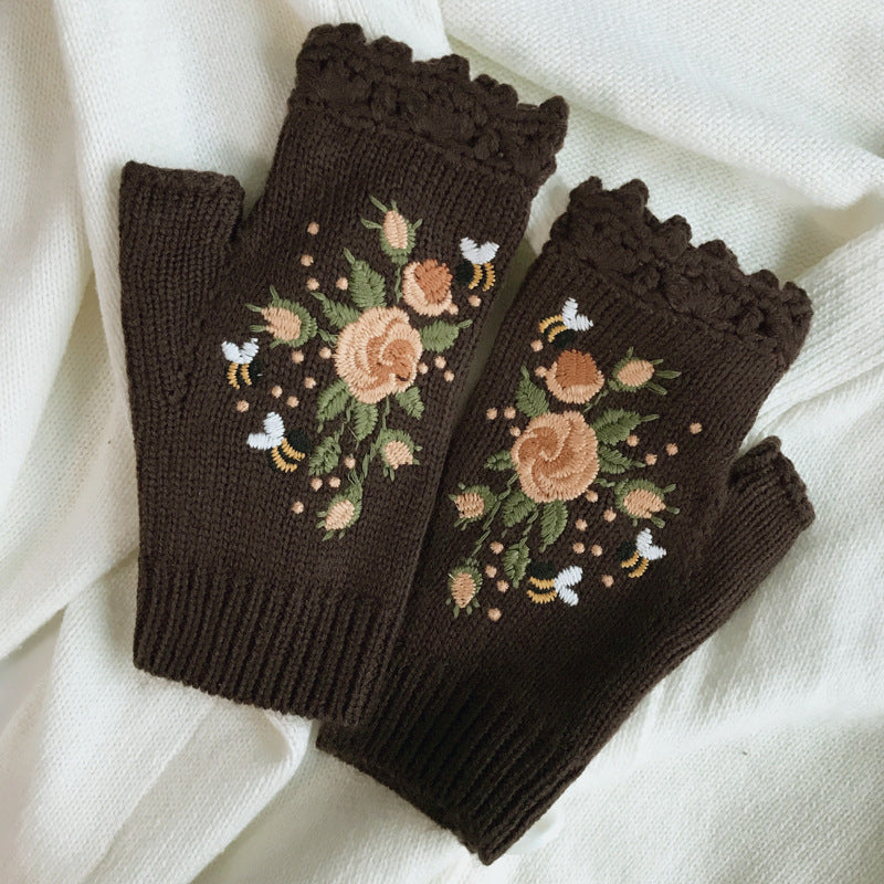 Bee Rose Embroidered Fingerless Gloves - Brown