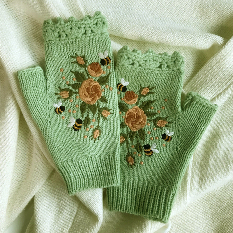 Bee Rose Embroidered Fingerless Gloves - Green