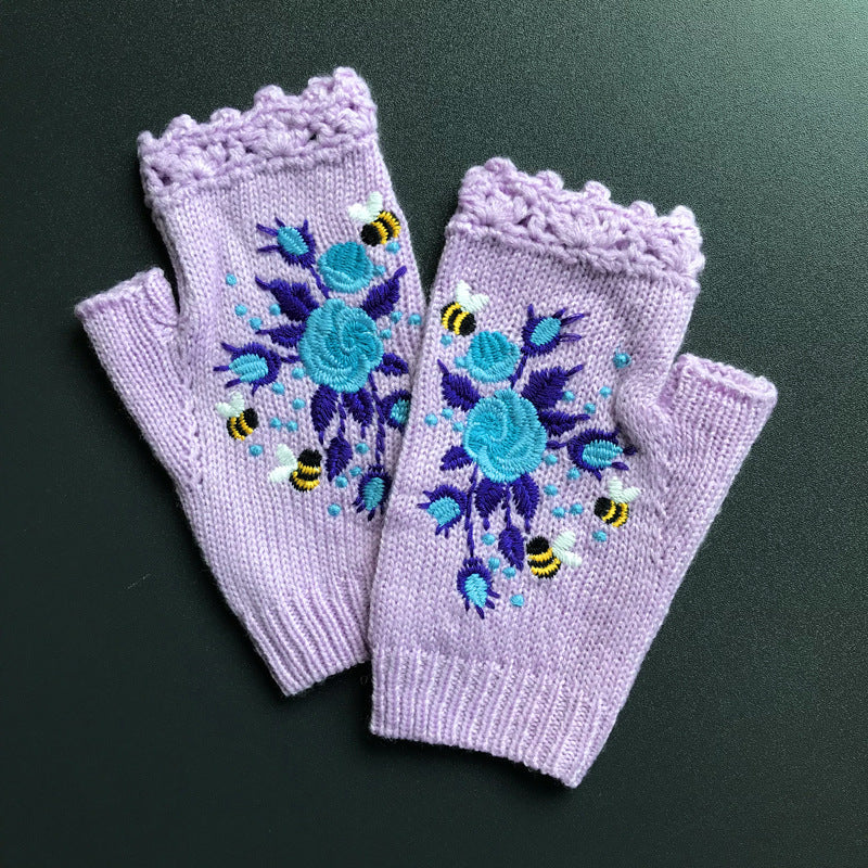 Bee Rose Embroidered Fingerless Gloves - Lavender