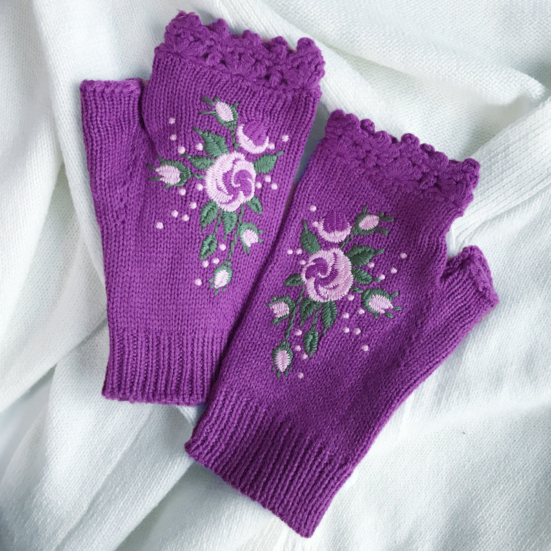 Bee Rose Embroidered Fingerless Gloves - Purple