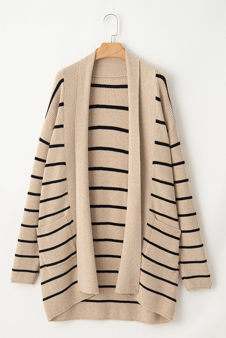 Breton Stripe Duster Cardigan With Pockets - Khaki