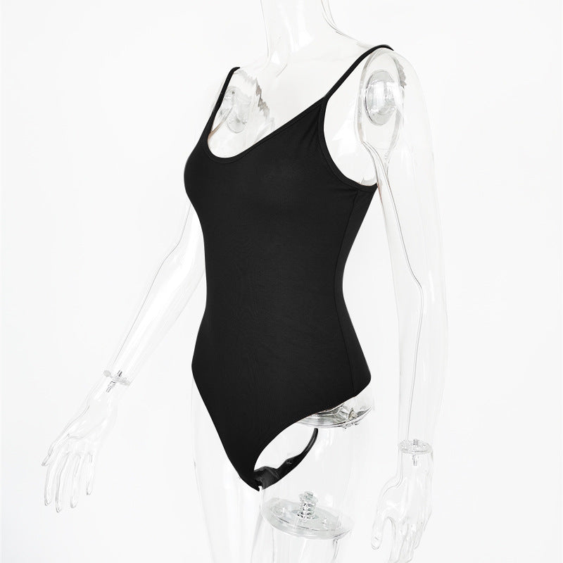 Scoop Neck Spaghetti Strap Thong Bodysuit - Black - 1