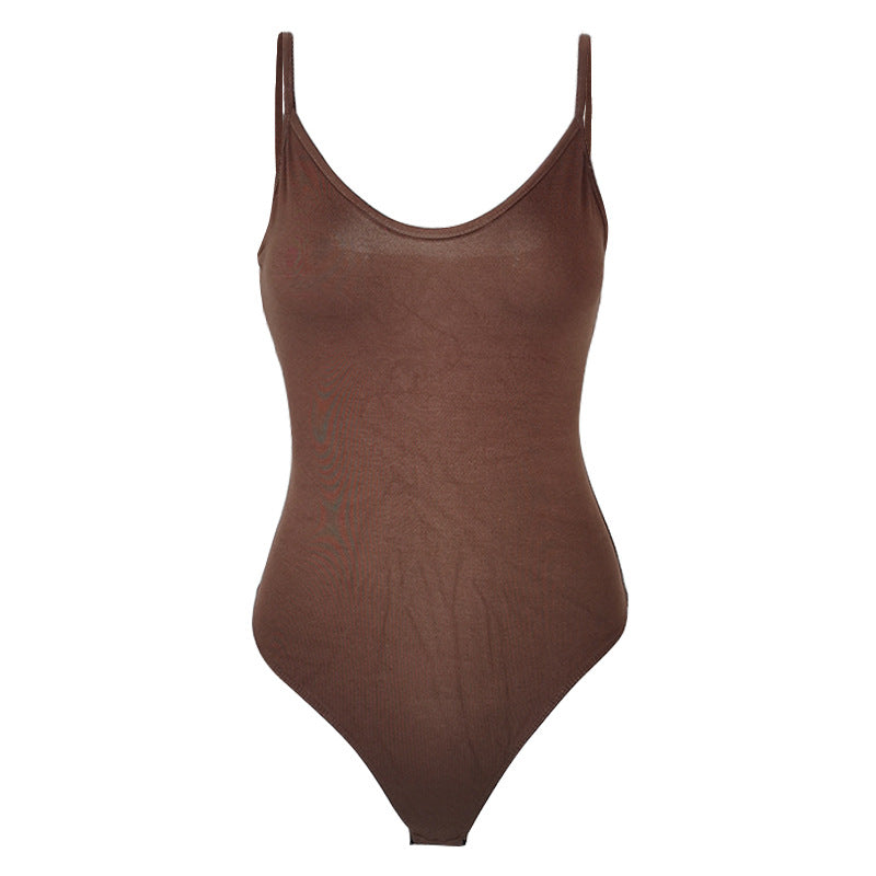 Scoop Neck Spaghetti Strap Thong Bodysuit - Coffee - 1