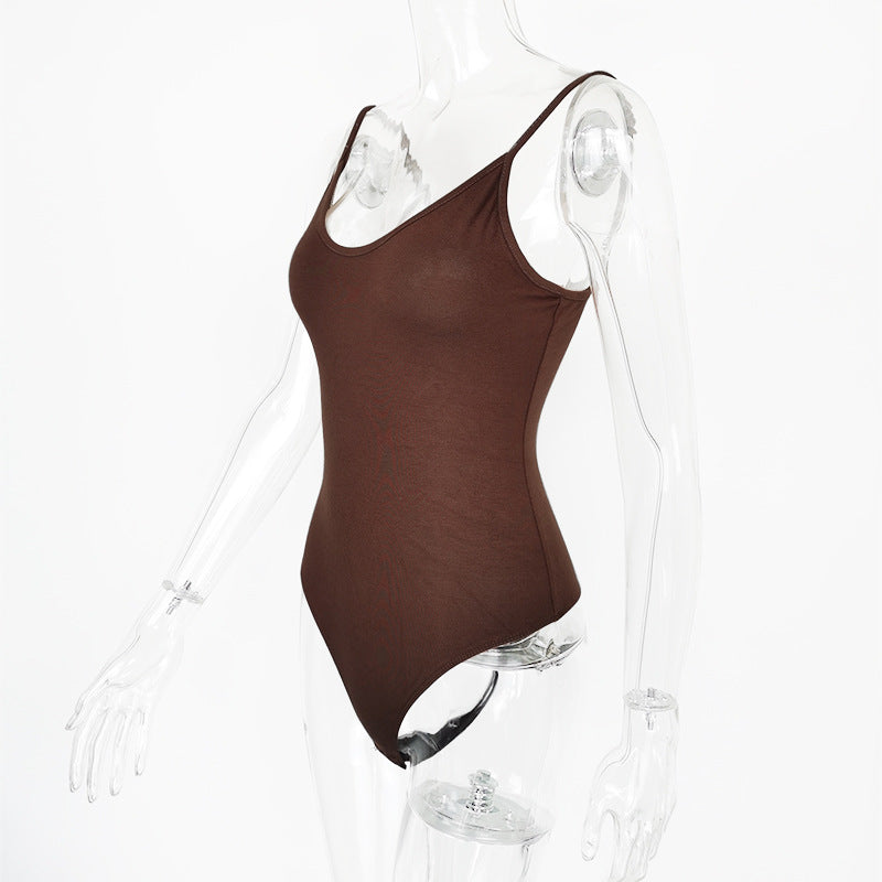 Scoop Neck Spaghetti Strap Thong Bodysuit - Coffee - 3