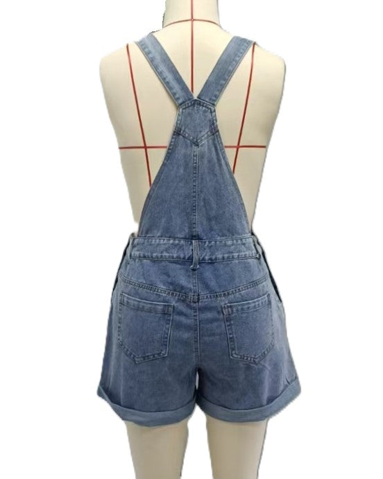Cuffed Denim Overall Shorts Romper - Blue - 2