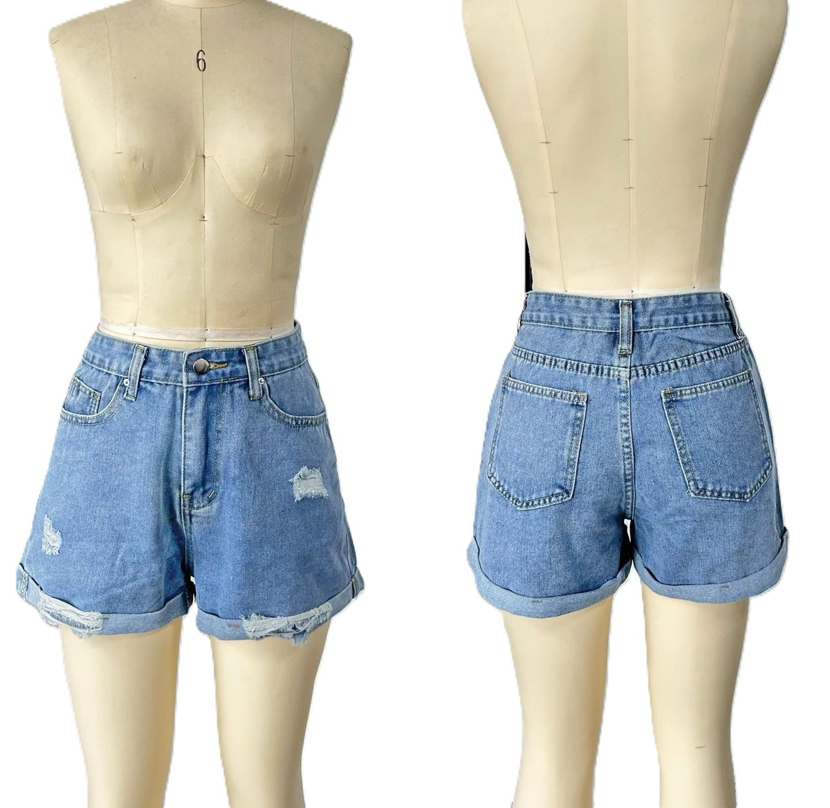 Distressed High Rise Cuffed Denim Shorts - Blue