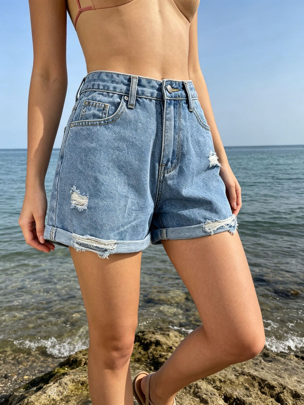 Distressed High Rise Cuffed Denim Shorts - Blue - 2