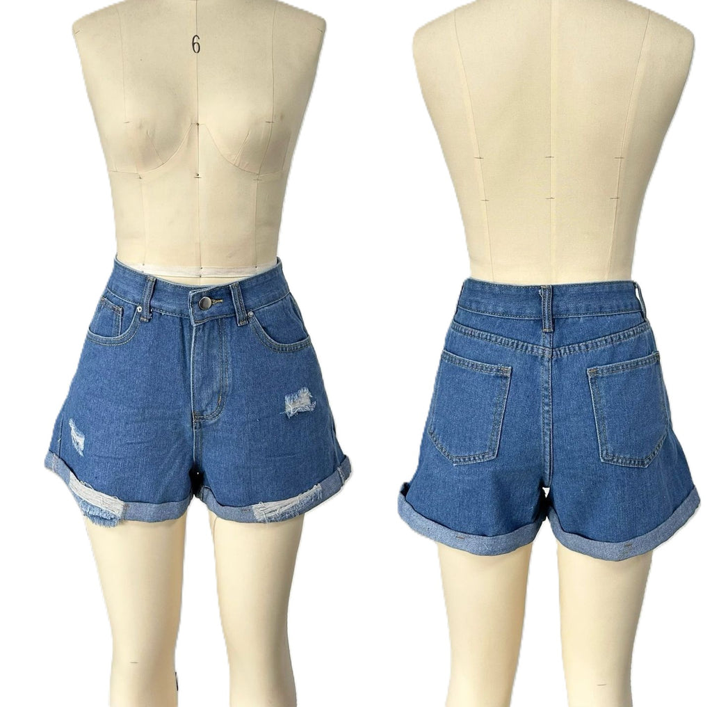Distressed High Rise Cuffed Denim Shorts - DarkBlue - 1
