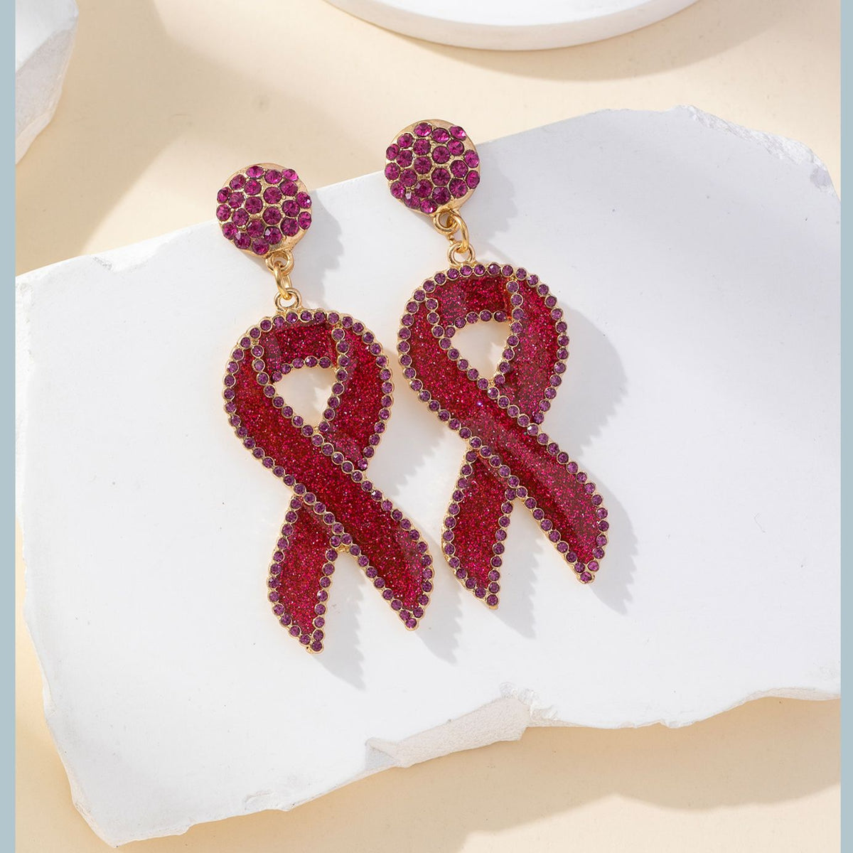 Sparkling Rhinestone Ribbon Drop Earrings - Red