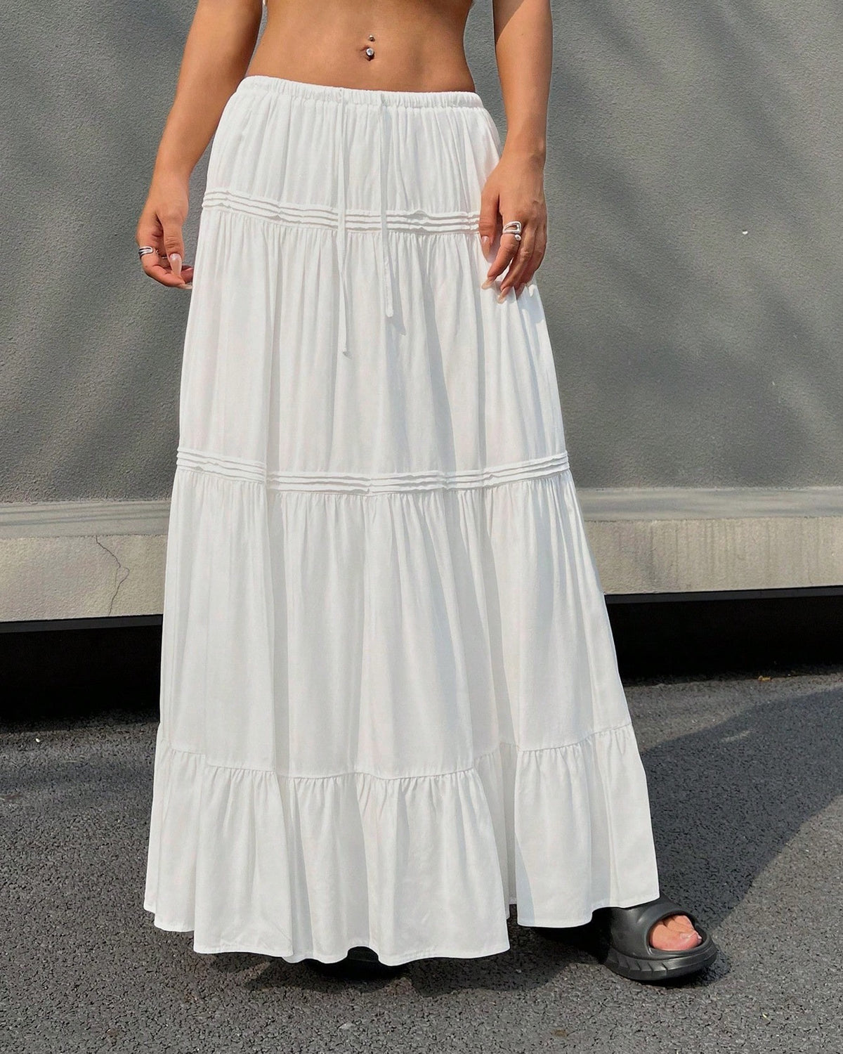 Tiered Cotton Blend Maxi Skirt - White