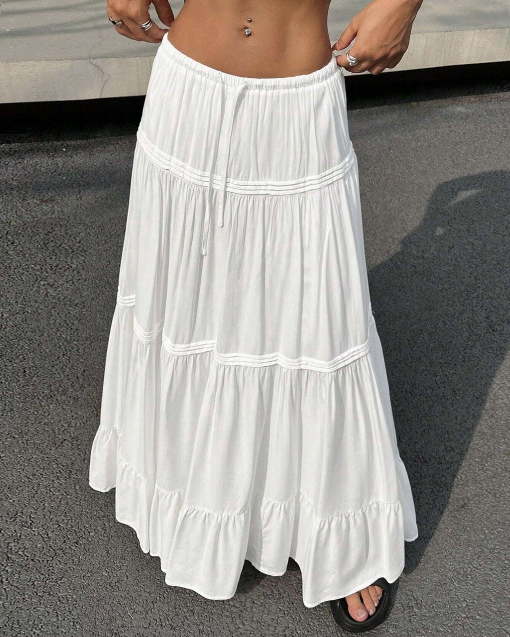 Tiered Cotton Blend Maxi Skirt - White - 1