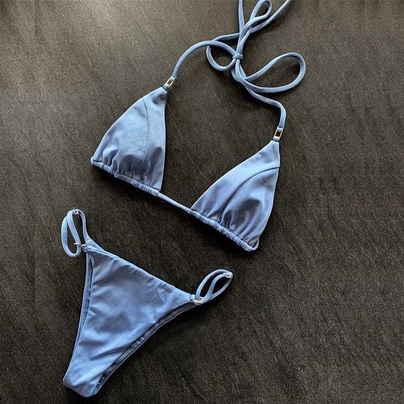 String Tie Side Triangle Bikini Set - Blue - 1