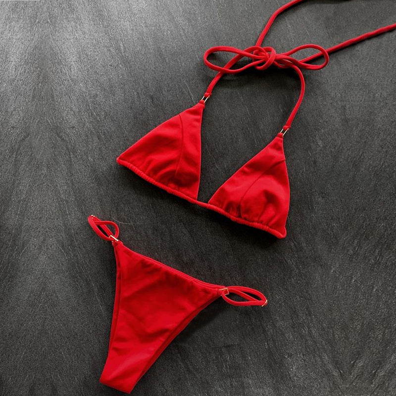 String Tie Side Triangle Bikini Set - Red