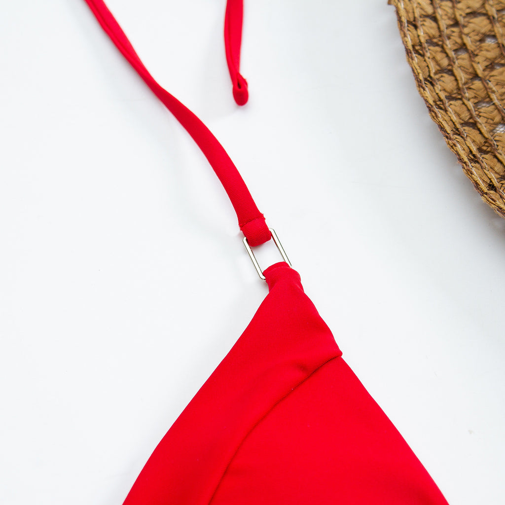 String Tie Side Triangle Bikini Set - Red - 8