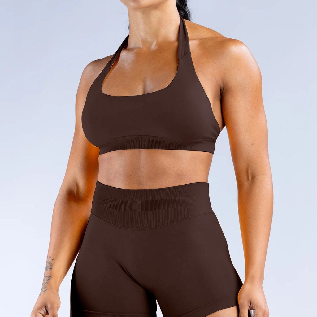 Seamless Matte Halter Scoop Neck Gym Sports Bra - Dark Brown