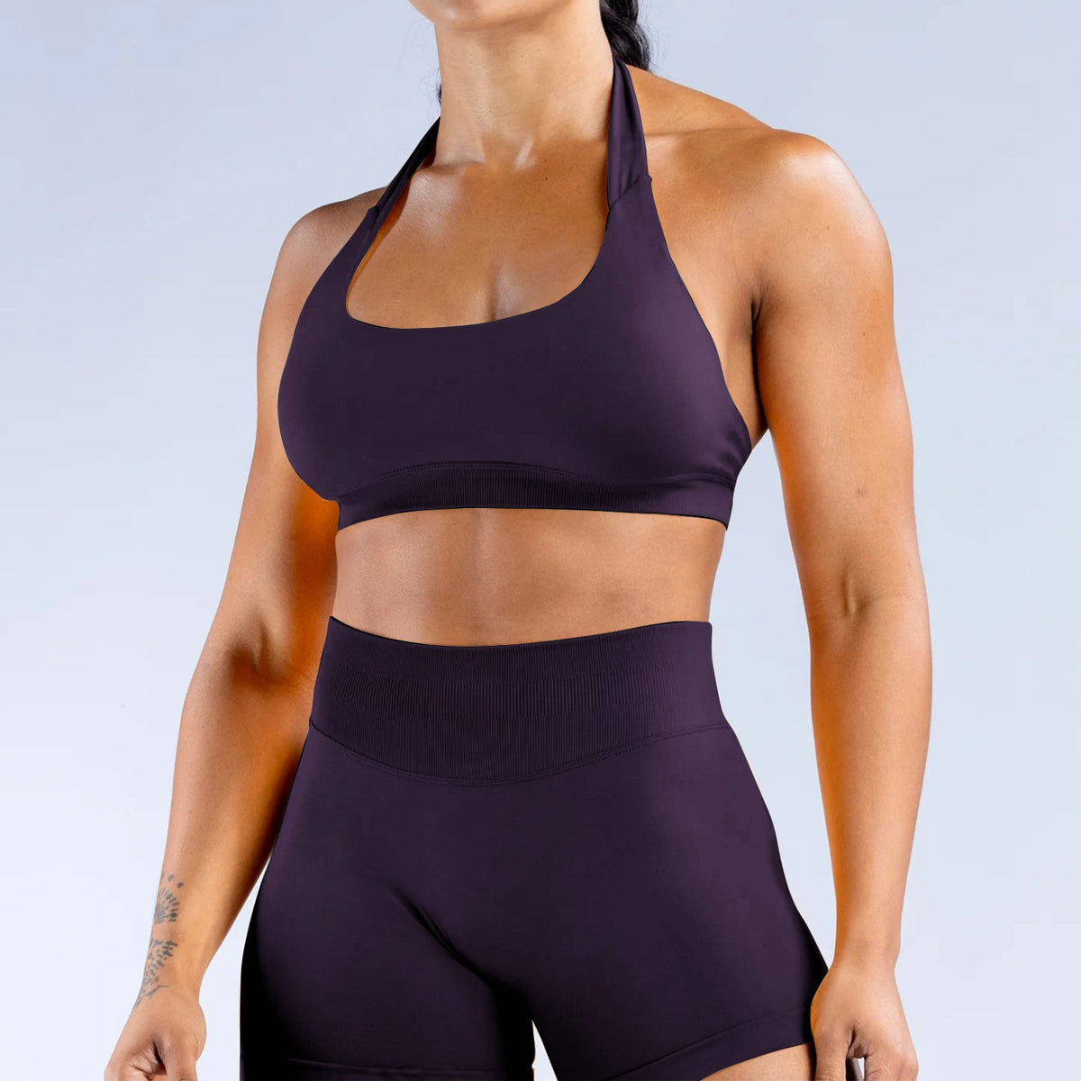 Seamless Matte Halter Scoop Neck Gym Sports Bra - Grape