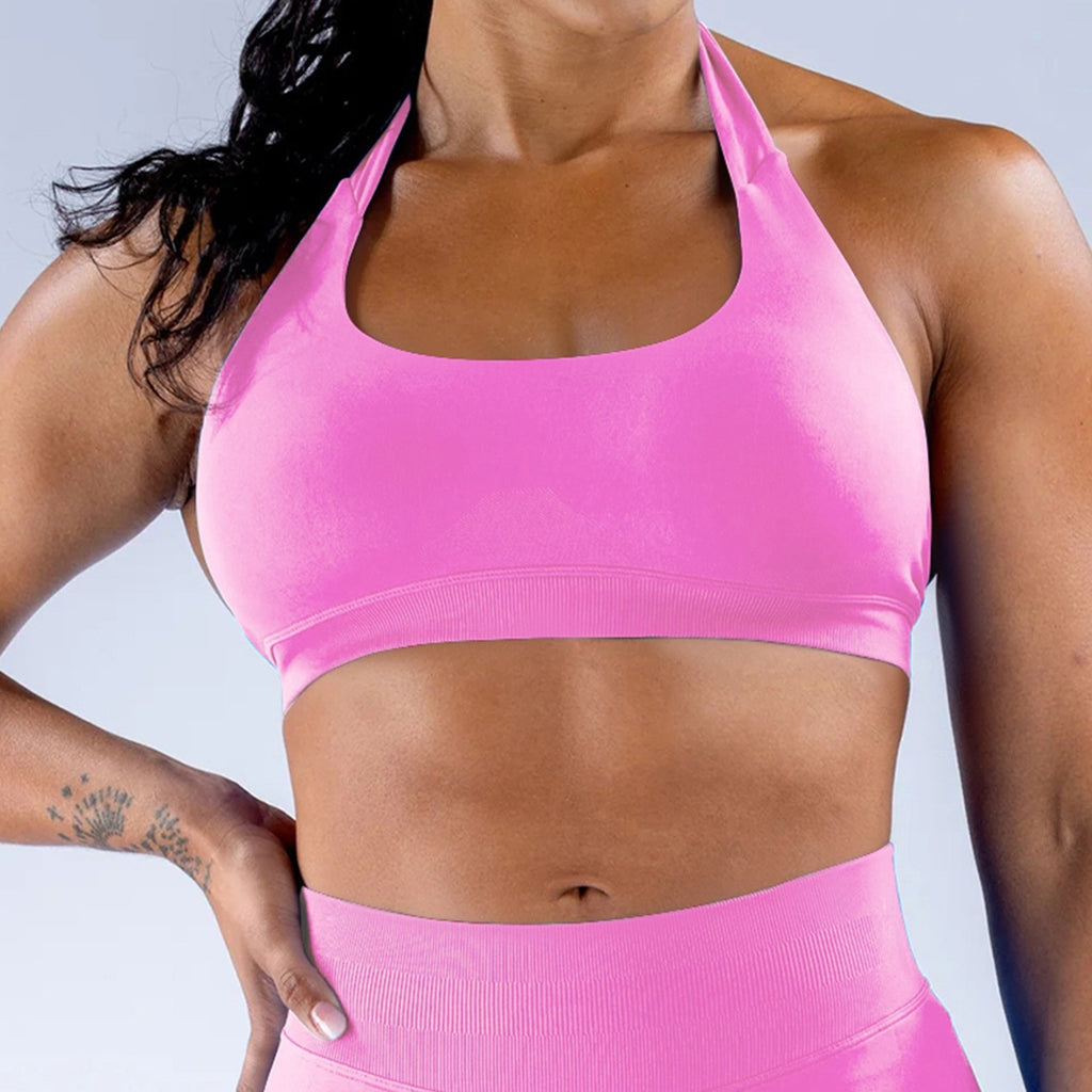 Seamless Matte Halter Scoop Neck Gym Sports Bra - Hot Pink