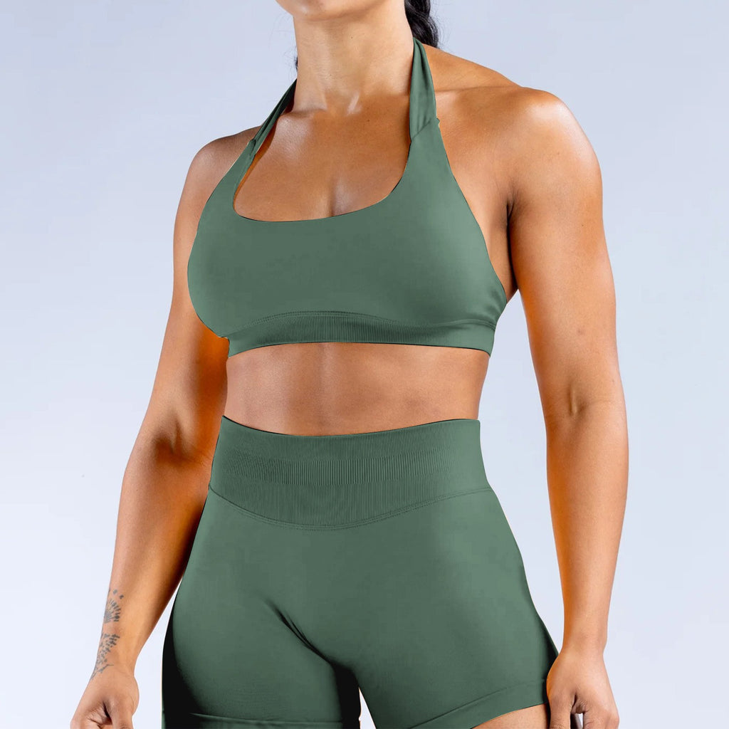 Seamless Matte Halter Scoop Neck Gym Sports Bra - Pistachio