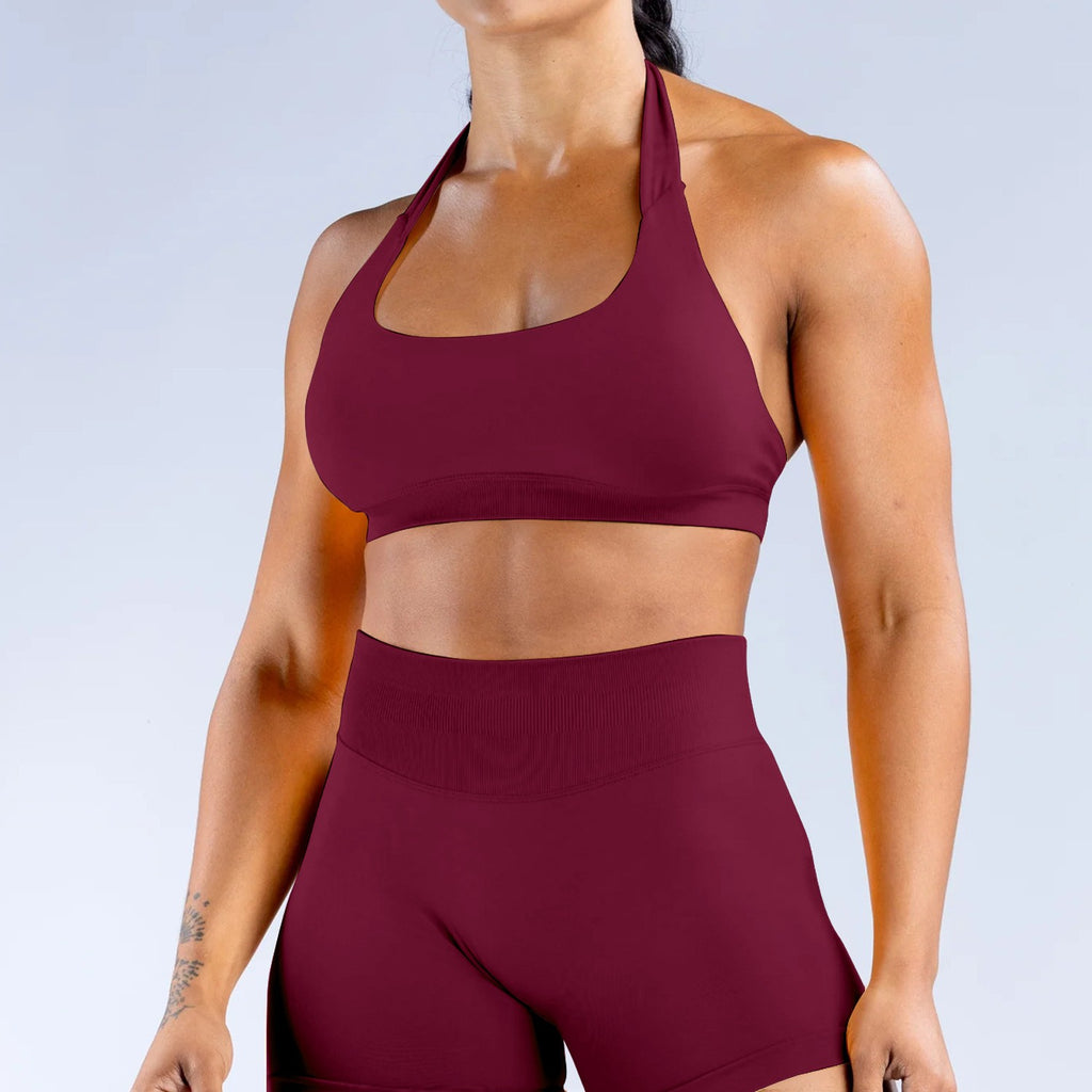 Seamless Matte Halter Scoop Neck Gym Sports Bra - Winterberry