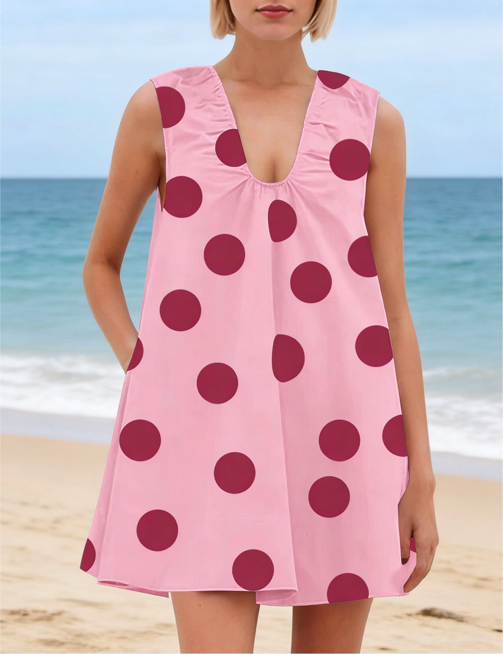 Dotted V Neck Mini Dress With Side Pockets - Pink